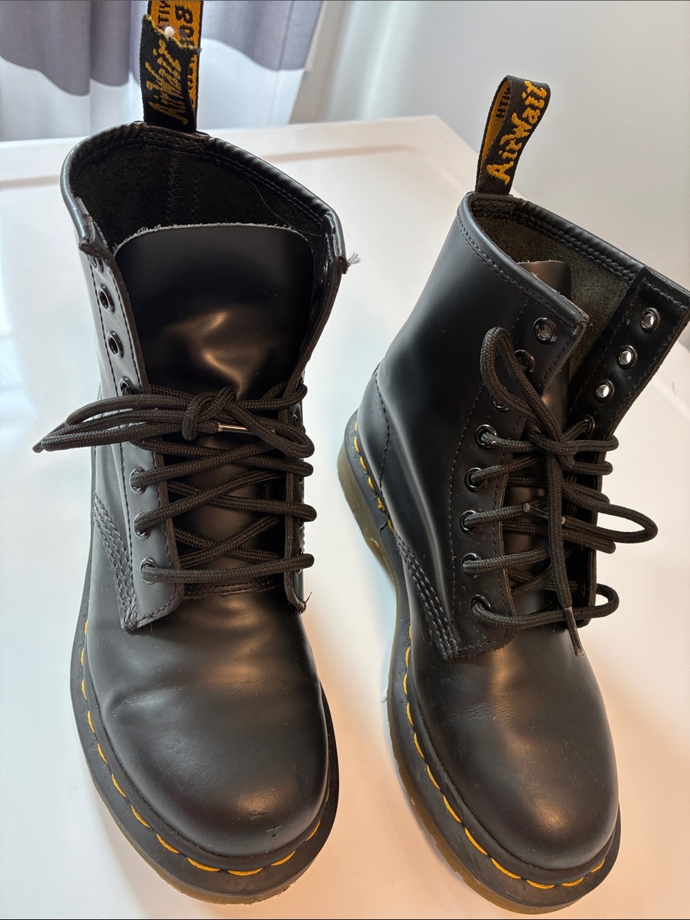 Dr. Martens Black Leather Boots with Yellow Stitching size 5 women